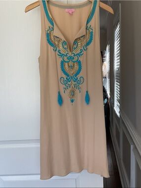 Lilly Pulitzer Beige Sleeveless Dress with Turquoise & Gold Embroidery